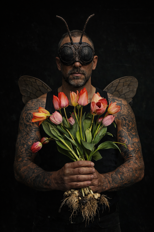 Artistiek en stoer portret van een handgebonden bos biologische tulpen in de authentieke Raw & Pure stijl, een krachtig statement voor gifvrije bloemen.