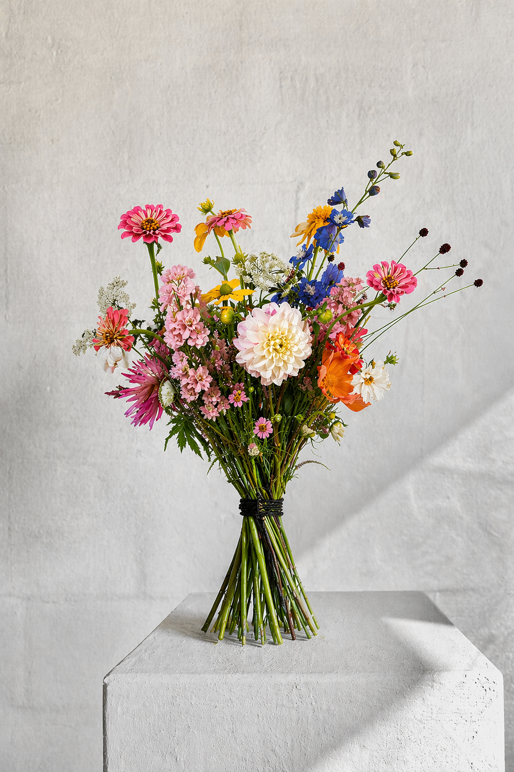 Luxe duurzaam boeket maat Medium in een licht interieur, een perfecte stijlindicatie van hoogwaardige seizoensbloemen van Raw & Pure.