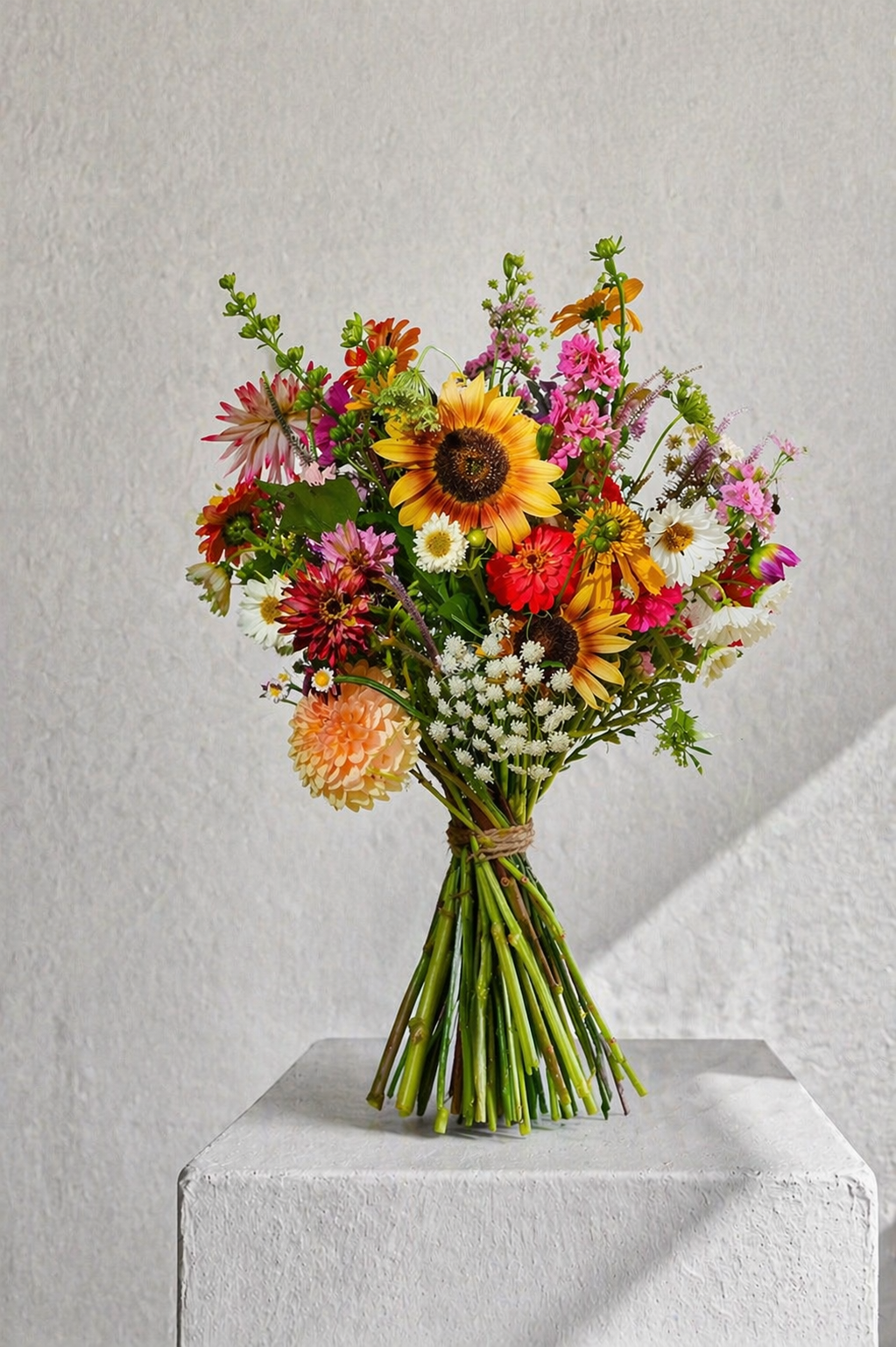 Indrukwekkend groot luxe boeket van duurzame seizoensbloemen in een modern licht interieur, een premium stijlindicatie van Raw & Pure.
